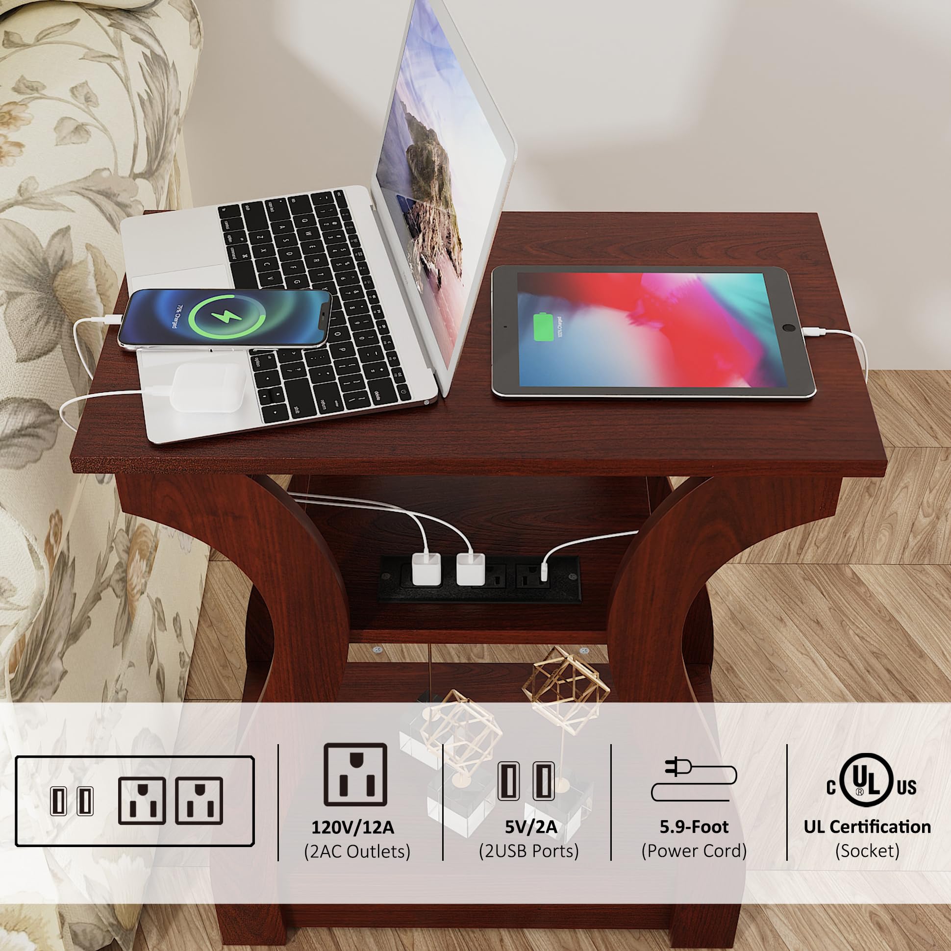 FROMJBEST End Table with Charging Station, Side Table with USB Ports and Outlets, 3 Tier Nightstand Sofa Table for Small Spaces, Beside Table with Storage Shelf for Living Room, Bedroom