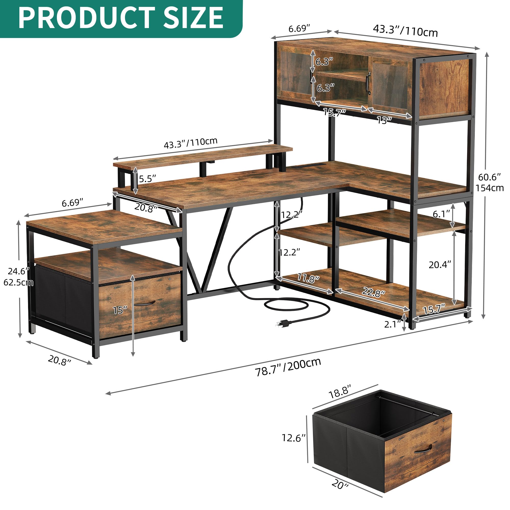 YITAHOME L Shaped Desk with Power Outlets, 78.7" Reversible Computer Desk with Drawers & Bookshelf, Corner Office Desk with LED Lights and Storage Shelves for Home Office, Rustic Brown