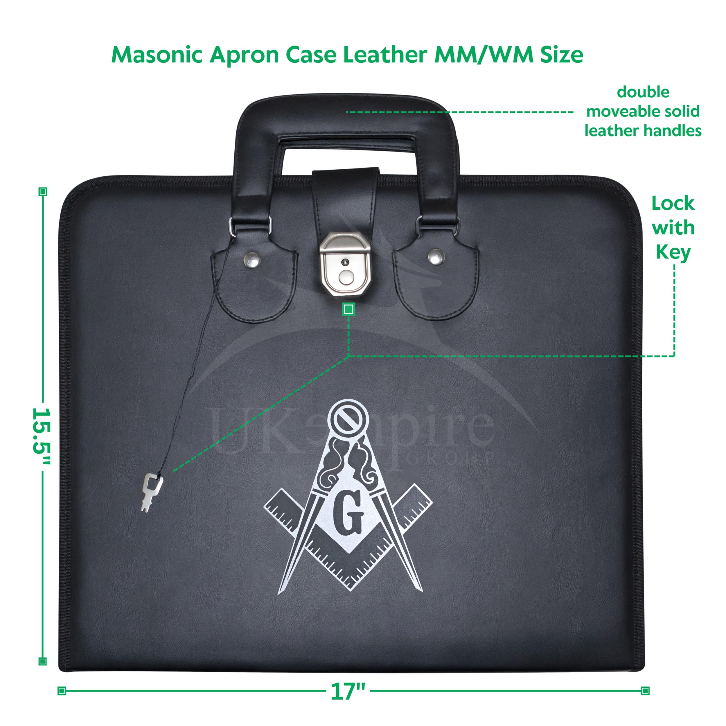 Masonic Master Mason Apron Case – Printed (Black Leather), MM Provincial Size | Freemason Carrying Bags (Silver Emblem)