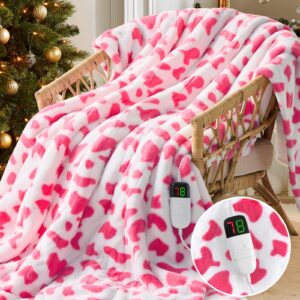 Pink Heated Blanket Electric Throw, 50x60 Heating Blanket, Strawberry Cow Print Rabbit Faux Fur Blanket with 10 Heating Levels, Soft Cozy Sherpa Winter Blanket, Plush Warming Gift for Cute Girls