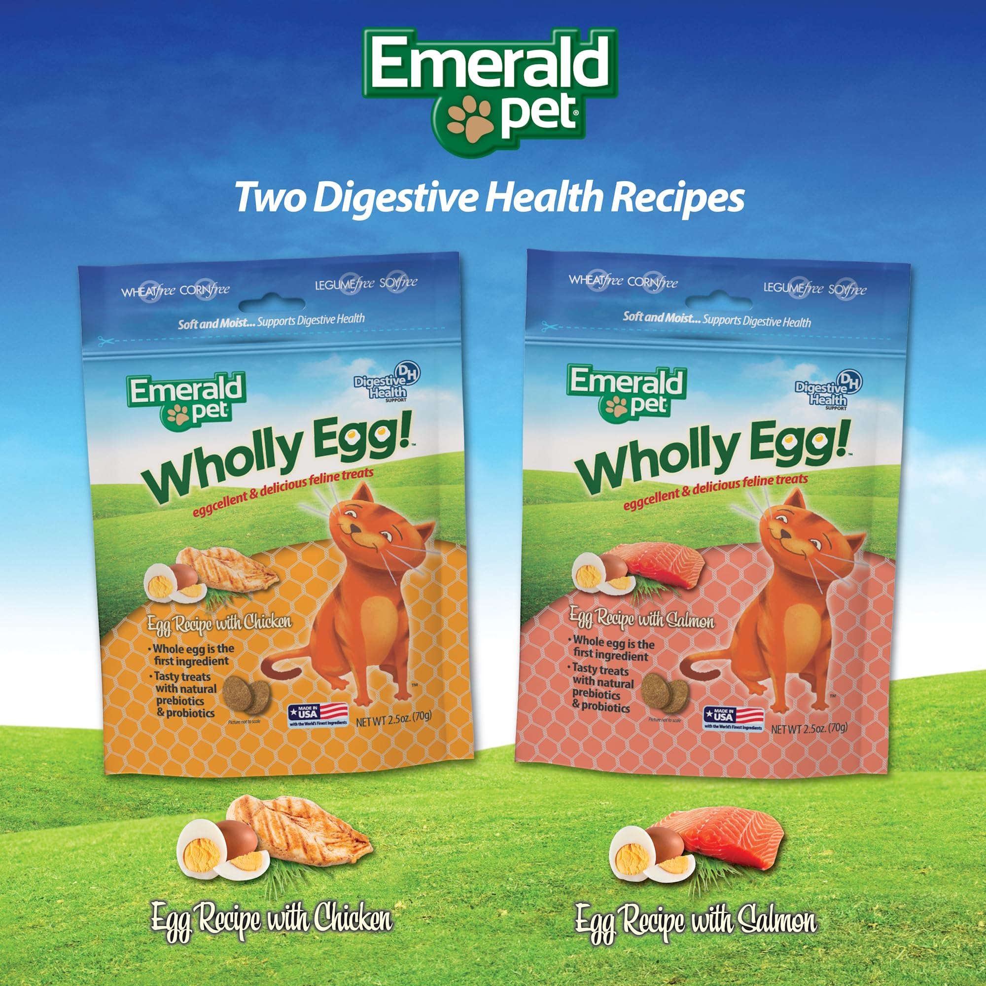 Emerald Pet Wholly Egg Digestive Health Cat Treats - Soft and Moist cat Treats for Healthy Digestion - Natural Prebiotics and Probiotics for cat Digestion - Chicken Treats, 2.5 oz