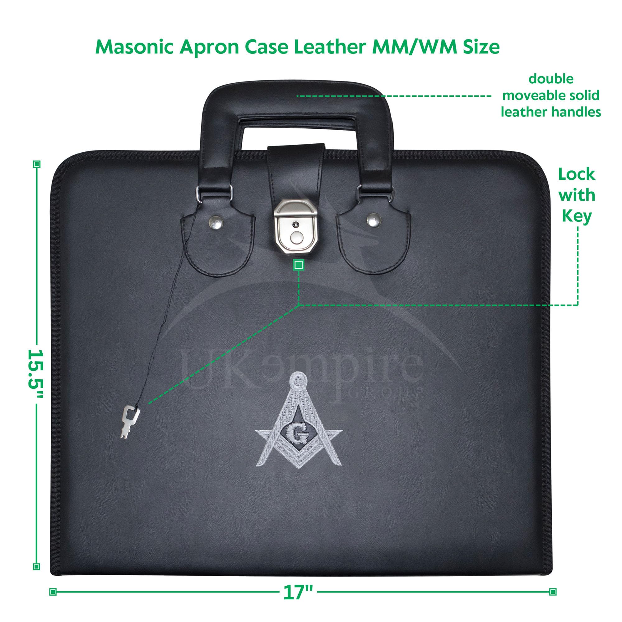 Masonic Master Mason Apron Case – Machine Embroidered (Black Leather), MM Provincial Size | Freemason Carrying Bags (Silver Emblem)