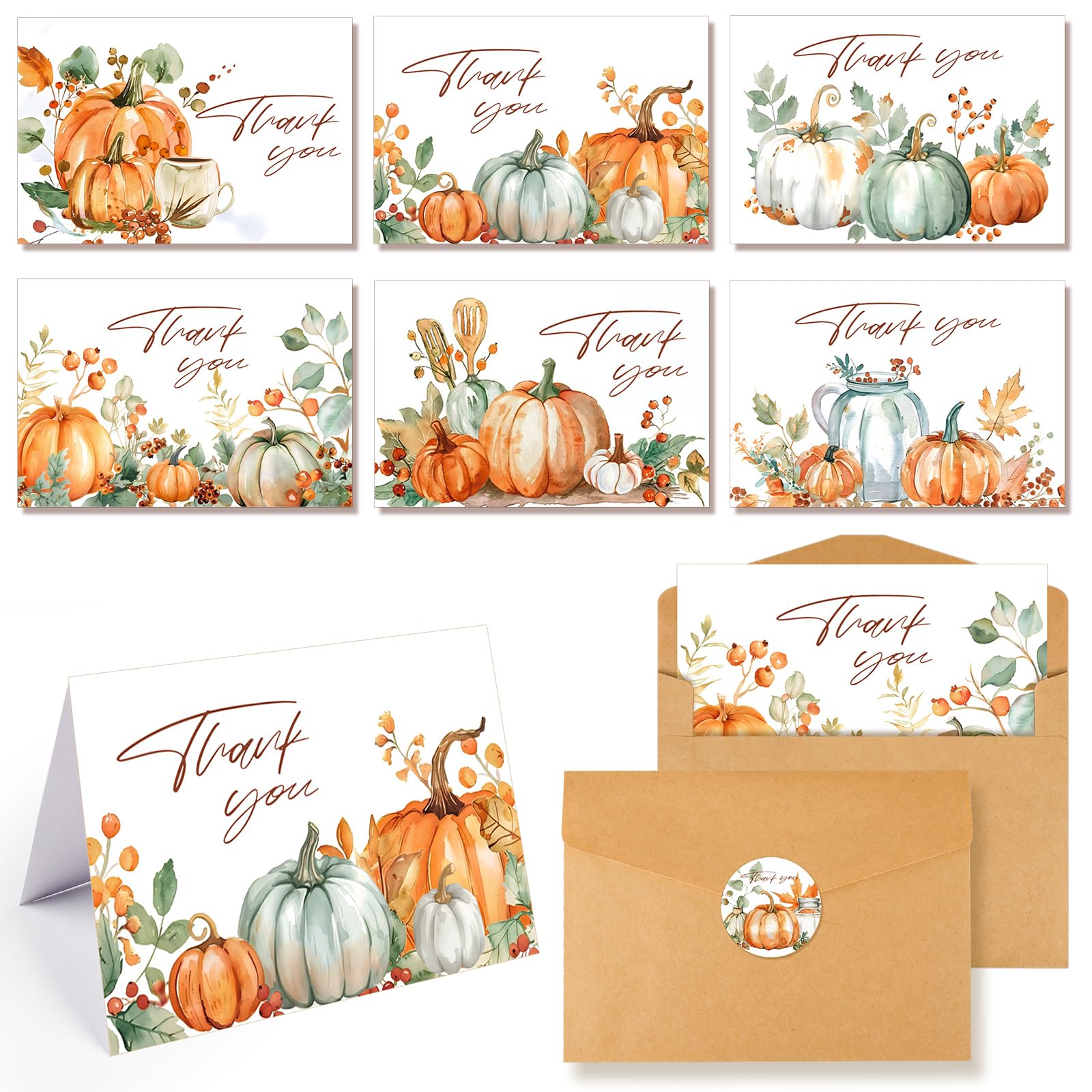 Konsait Pumpkin Thank You Cards, 24 Pack Watercolor Pumpkin Fall Thank You Cards with Envelopes and Stickers, 6 Design Bulk Thank You Cards for Thanksgiving Baby Shower Wedding