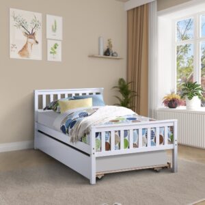 Twin Bed with Pull out Trundle, Modern Pine Wood Platform Bed with Headboard and Footboard, Trundle Bed Frame for Bedroom, Small Living Space, Boys, Girls, Adults, No Box Spring Needed, White