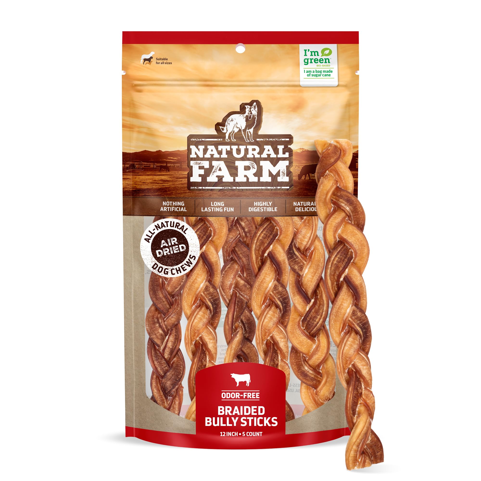 Natural Farm Odor-Free Braided Bully Sticks (12 Inch, 5 Pack) - 100% Grass-Fed Beef, Grain-Free, Low Fat & Fully Digestible Best Dental Treats - Safest Long Lasting Pizzle Chews to Keep Your Dog Busy