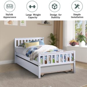 Twin Bed with Pull out Trundle, Modern Pine Wood Platform Bed with Headboard and Footboard, Trundle Bed Frame for Bedroom, Small Living Space, Boys, Girls, Adults, No Box Spring Needed, White