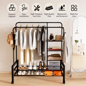 S&R PLKOP Double Rods Mobile Clothing Rack Heavy Duty Garment Rack for Hanging Clothes, 4 Side Hooks, Black, Clothes Racks for Hanging Clothes Multifunctional Bedroom Storage