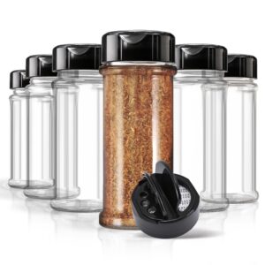 6 pack 5.5 oz round plastic spice jars, empty seasoning containers for homemade rub, spices, glitter, and more, small spice containers with black shaker lids and heat-induction liner, clear spice jars