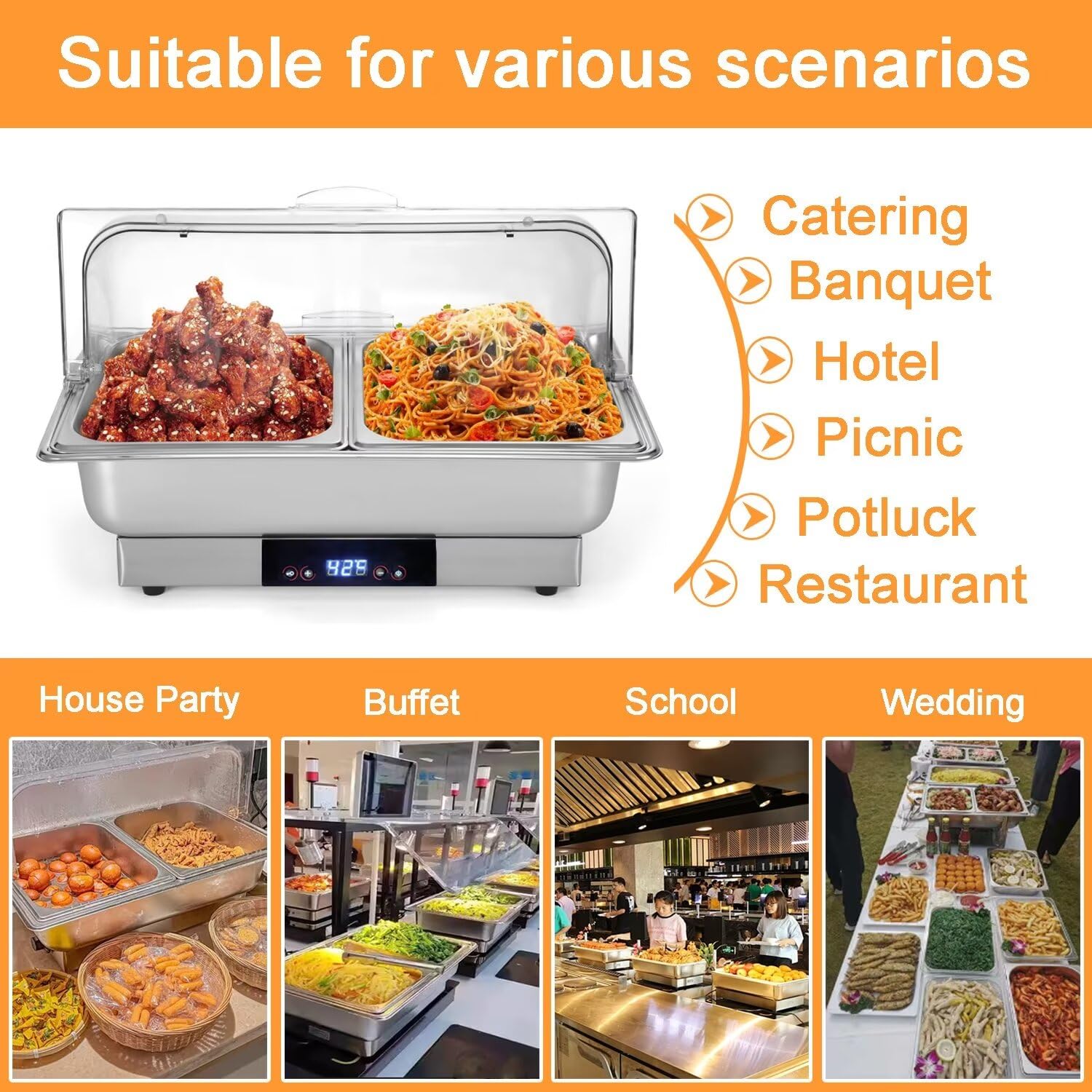 Electric Chafing Dish for Buffet Set 12QT Large Food Warmers 600W with Clear Roll Top and Temperature Control Touch Display Half Size Stainless Removable Pans for Parties Restaurants Entertaining