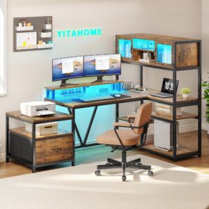 YITAHOME L Shaped Desk with Power Outlets, 78.7" Reversible Computer Desk with Drawers & Bookshelf, Corner Office Desk with LED Lights and Storage Shelves for Home Office, Rustic Brown