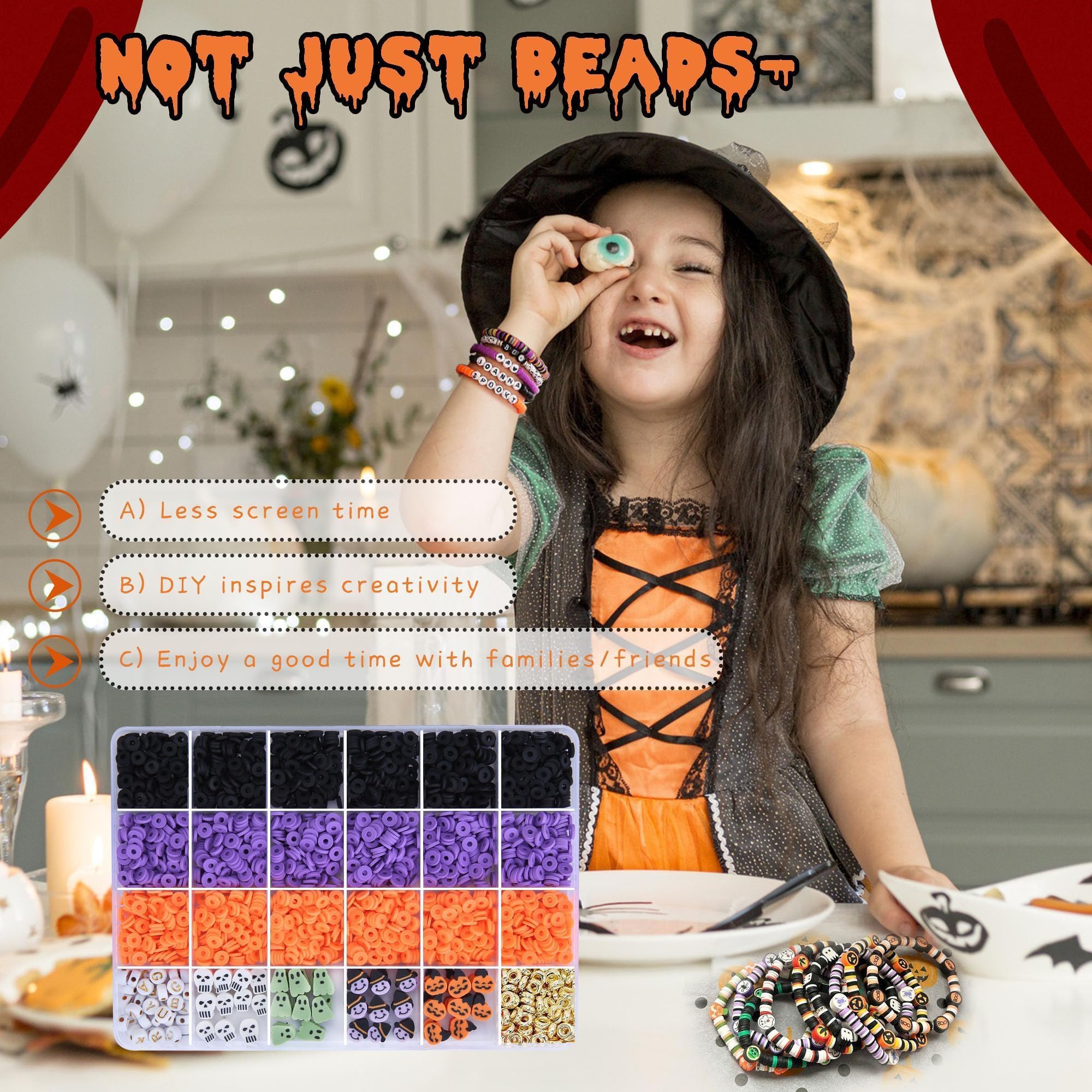 Megoogo Thansgiving Day Clay Beads Bracelet Making Kit, 2340 pcs Polymer Heishi Flat Round Fall Clay Beads with 145 pcs Charms for Friendship Bracelets Making DIY Crafts