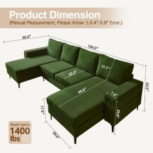 126" Convertible U Shaped Sectional Sofa - Oversized 4 Seat Sofa Couch with Double Chaise Lounge for Living Room,Comfy Oversized Wide Armrest Sleeper Sofa Couch Set (Dark Green, Corduroy Fabric)