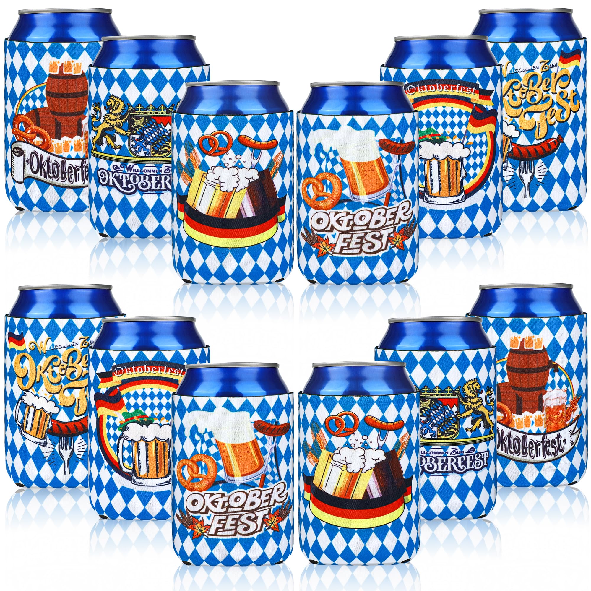 Aodaer 12 Pack Oktoberfest Can Cooler Sleeves Collapsible Neoprene Beer Festival Can Cover Insulators Blue and White Checkered Bavarian Beer Can Cooler Covers for Oktoberfest Beer Bottle Can Decor