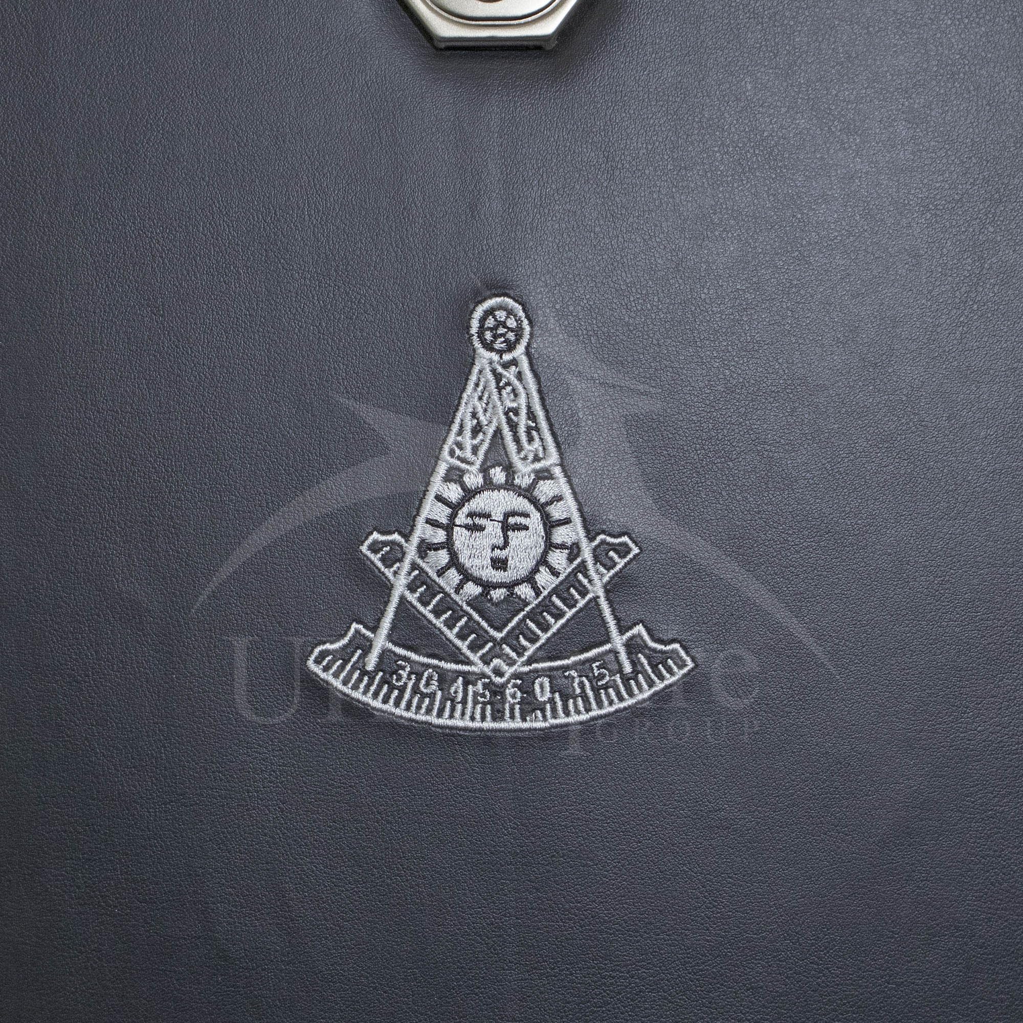 Masonic Past Master Apron Case – Machine Embroidered (Black Leather), MM Provincial Size | Freemason Carrying Bags (Silver Emblem)