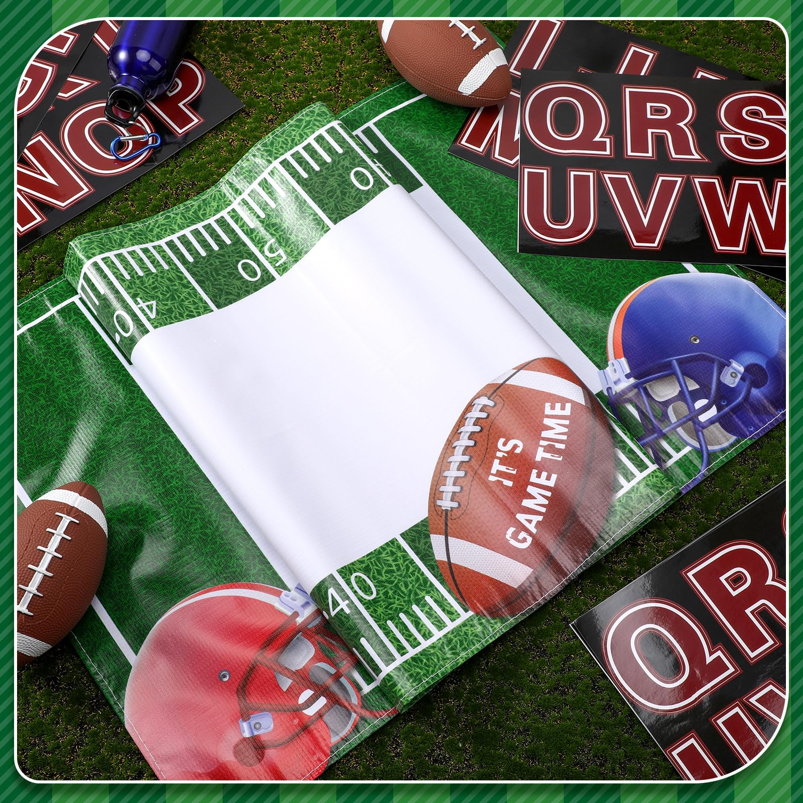 Tegeme Giant Football Party Banner 67 x 20 Inch Football Field Backdrop DIY Football Birthday Party Decorations Customizable Sports Backdrop with 14 Sheet Letter Sticker Baby Shower Tailgate