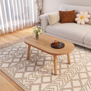 Funecy Small Coffee Table Low Table Solid Wood Sturdy Floor Table Desk for Sitting on The Floor, Storage and Living Room Furniture，Natural Wood，24inch (Round Wood, 24 * 16inch)