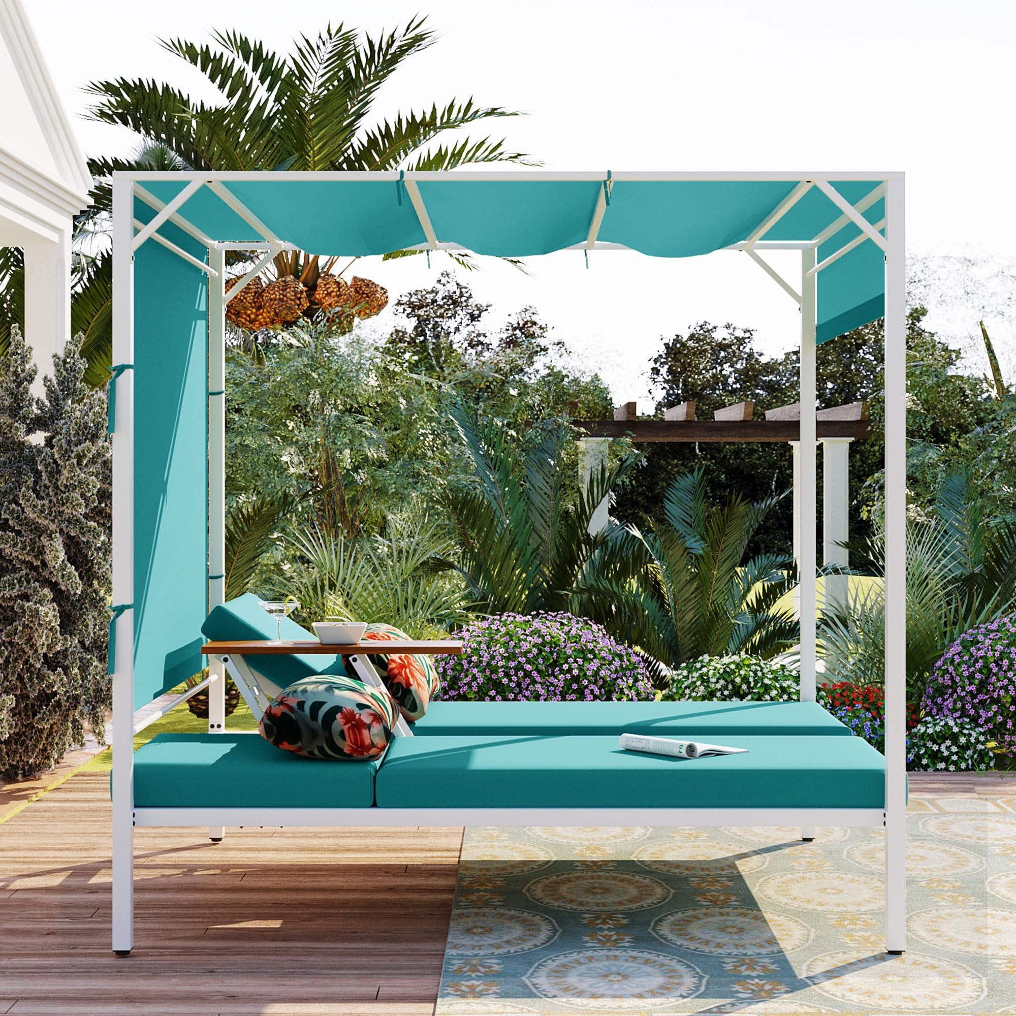 GOAWGO Outdoor Patio Daybed with Canopy-Double Chaise Lounge, 2-Person Sunbed with Comfy Cushions & Throw Pillows, Adjustable Small Tabletop, Sunshade Curtains, 3-Position Adjustable Backrest (Blue)