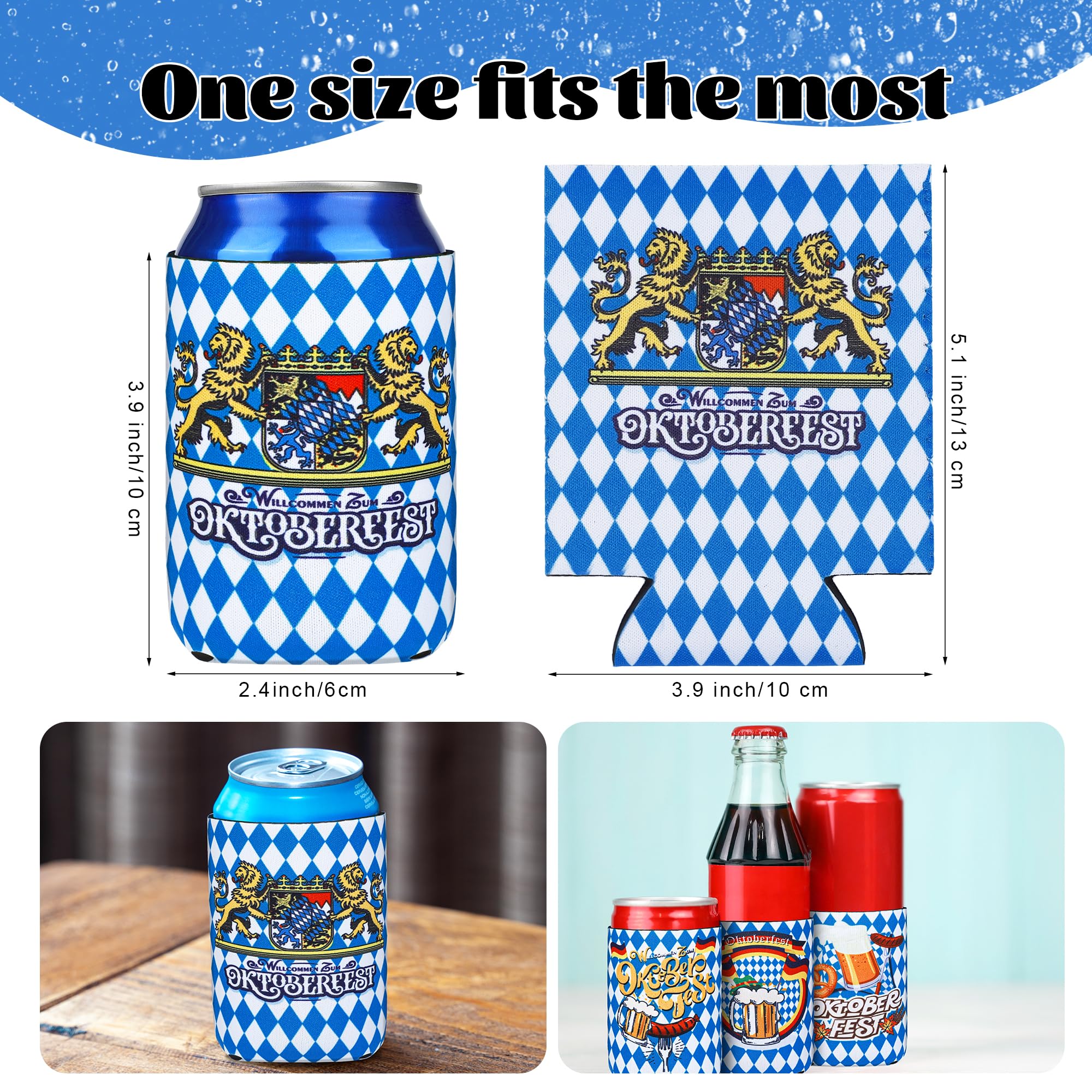 Aodaer 12 Pack Oktoberfest Can Cooler Sleeves Collapsible Neoprene Beer Festival Can Cover Insulators Blue and White Checkered Bavarian Beer Can Cooler Covers for Oktoberfest Beer Bottle Can Decor