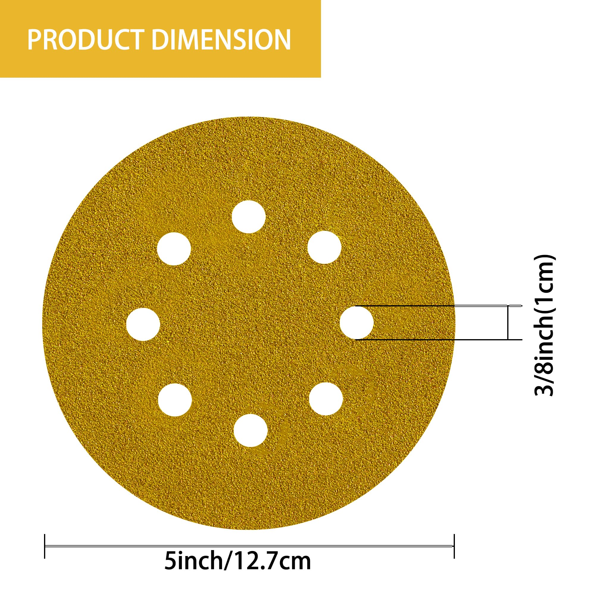 YEHBS 150PCS Gold Sanding Discs Set, 5-Inch 8-Hole Sandpaper for Random Orbital Sander, Including 60,80,120,150,240,320,400 Grit, for Automotive or Woodworking