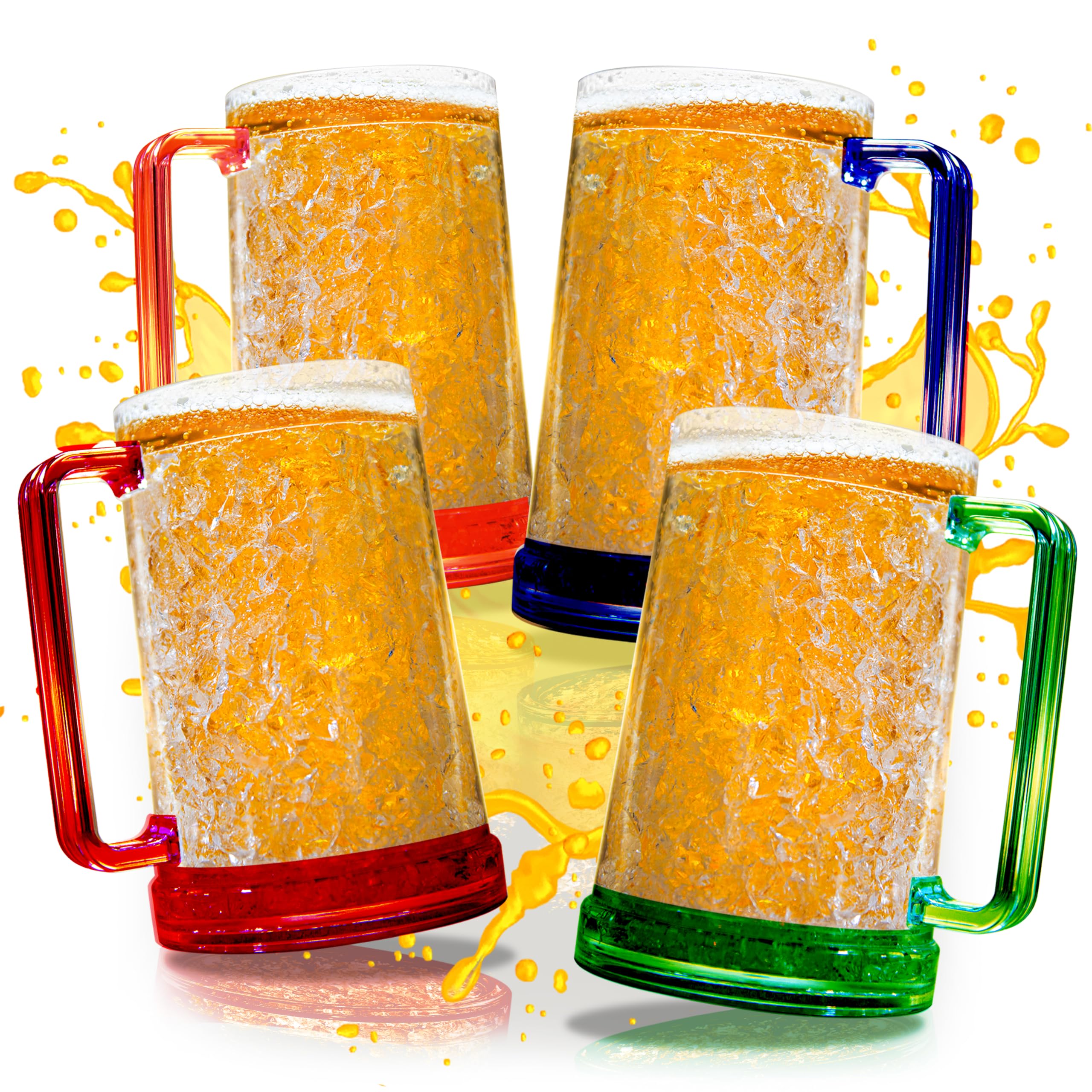 Granatan Beer Mugs with Gel Freezer 16 oz, Double Walled Beer Mugs with Handles, Color Handles Set Of 4