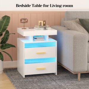 Nightstand with Charging Station, Modern Night Stand with 2 Drawers, Bedside Table with 24 Colors LED Lights and Human Sensor for Bedroom/Livingroom(White)