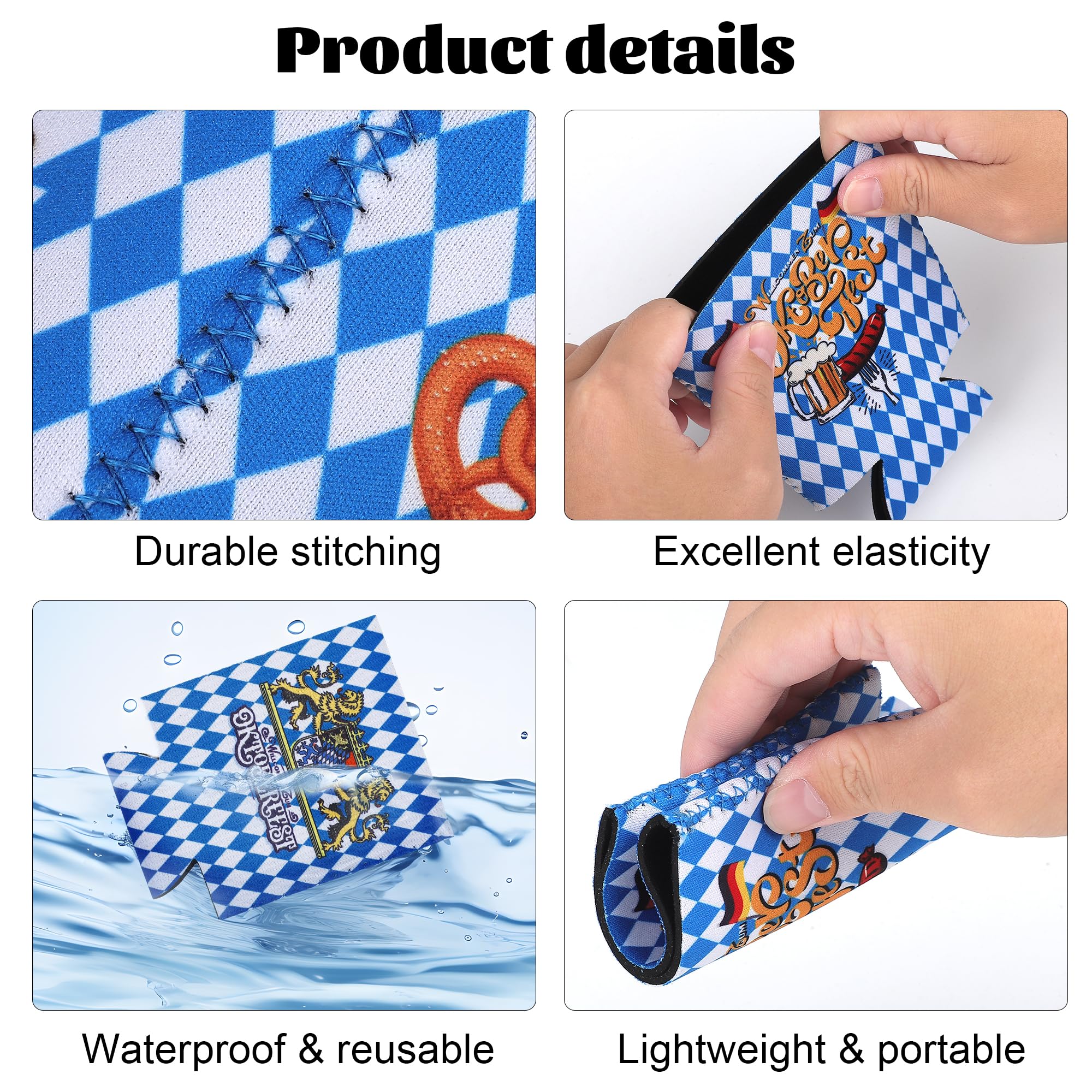 Aodaer 12 Pack Oktoberfest Can Cooler Sleeves Collapsible Neoprene Beer Festival Can Cover Insulators Blue and White Checkered Bavarian Beer Can Cooler Covers for Oktoberfest Beer Bottle Can Decor