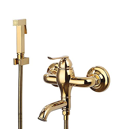 NBAAYIK Wall Mounted Bathroom Toilet Bidet Mixer Spray Kit Golden Single Handle Sprayer Toilet Bidet Shower Head Bathroom Shower Bidet Taps Spray Toilet Cleaning Faucet-B