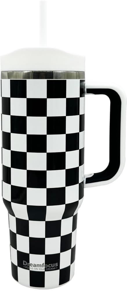 Dreamfocus 40 oz Stainless Steel Vacuum Insulated Tumbler with Handle and Straw, Upgraded Lid Automatic Rebound, Water Bottle Cup Travel Coffee Mug Black and White Checkered