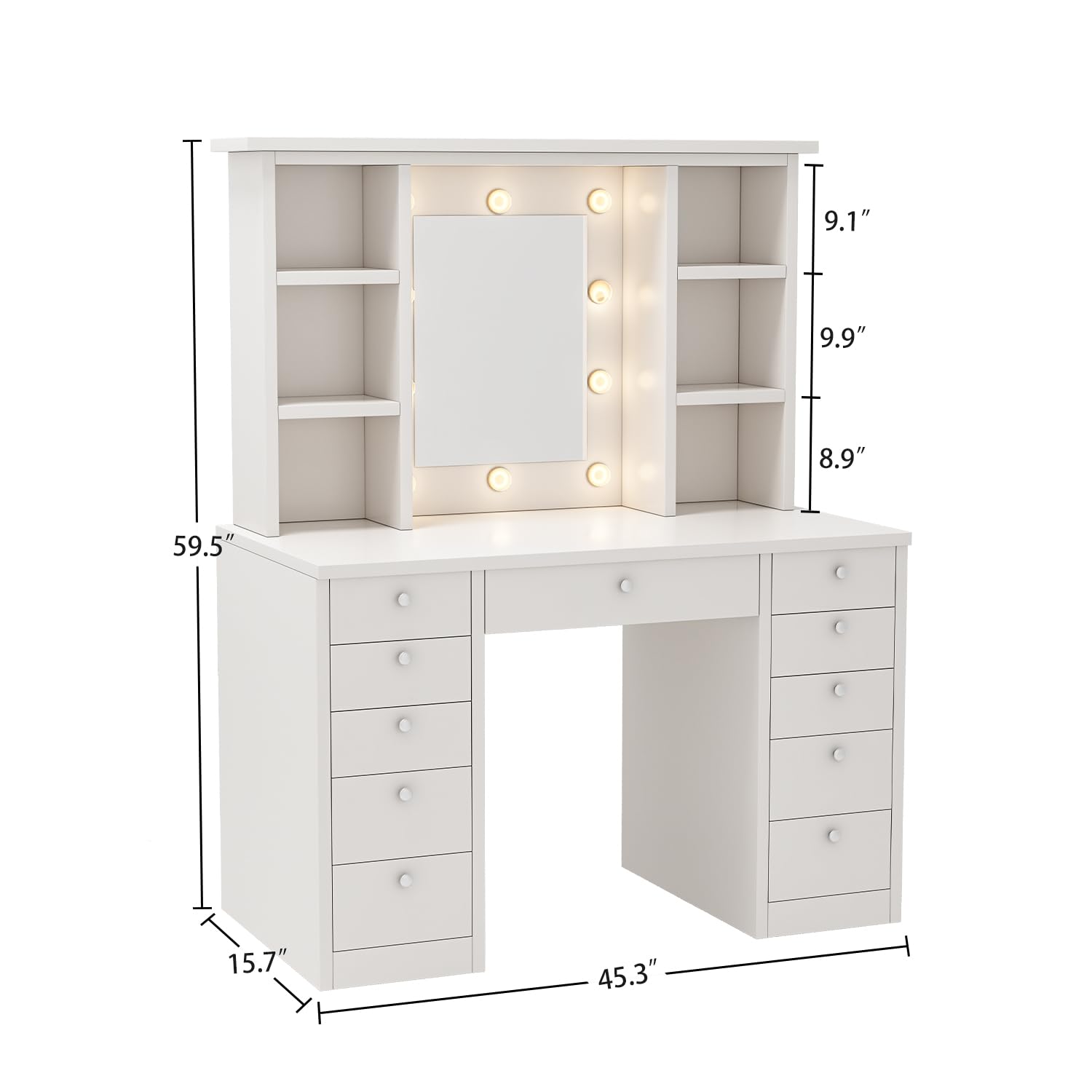 Runboll Vanity Desk with Mirror and Lights, Large Makeup Vanity with Lots of Storage, 45.3" L Dressing Table White with 10 Bulbs, 4 Open Shelves and 11 Drawers, 3 Lighting Modes, Brightness Adjustable