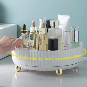 Hibekol 360° Makeup Organizer - 8.66" Diameter Spinning Skincare Perfumes Organizer - Cosmetics Organizer for Vanity Countertop and Bathroom Dresser - Lazy Susan Storage Box (White)