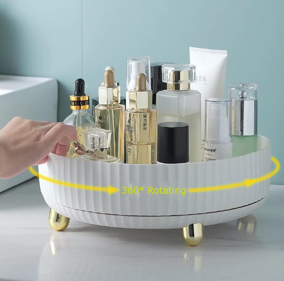 Hibekol 360° Makeup Organizer - 8.66" Diameter Spinning Skincare Perfumes Organizer - Cosmetics Organizer for Vanity Countertop and Bathroom Dresser - Lazy Susan Storage Box (White)