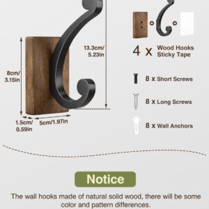 Josmimic Wall Hooks for Hanging Towel - Black Rustic Wood Coat Hook,4 Pack Hooks Wall Mounted for Towel, Coat, Cloth, Purse, Hat, Key, Decorative Bathroom Shower Kitchen