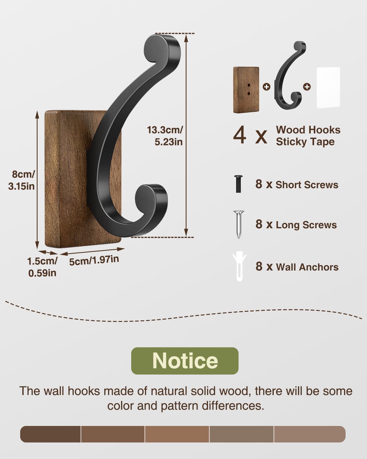 Josmimic Wall Hooks for Hanging Towel - Black Rustic Wood Coat Hook,4 Pack Hooks Wall Mounted for Towel, Coat, Cloth, Purse, Hat, Key, Decorative Bathroom Shower Kitchen