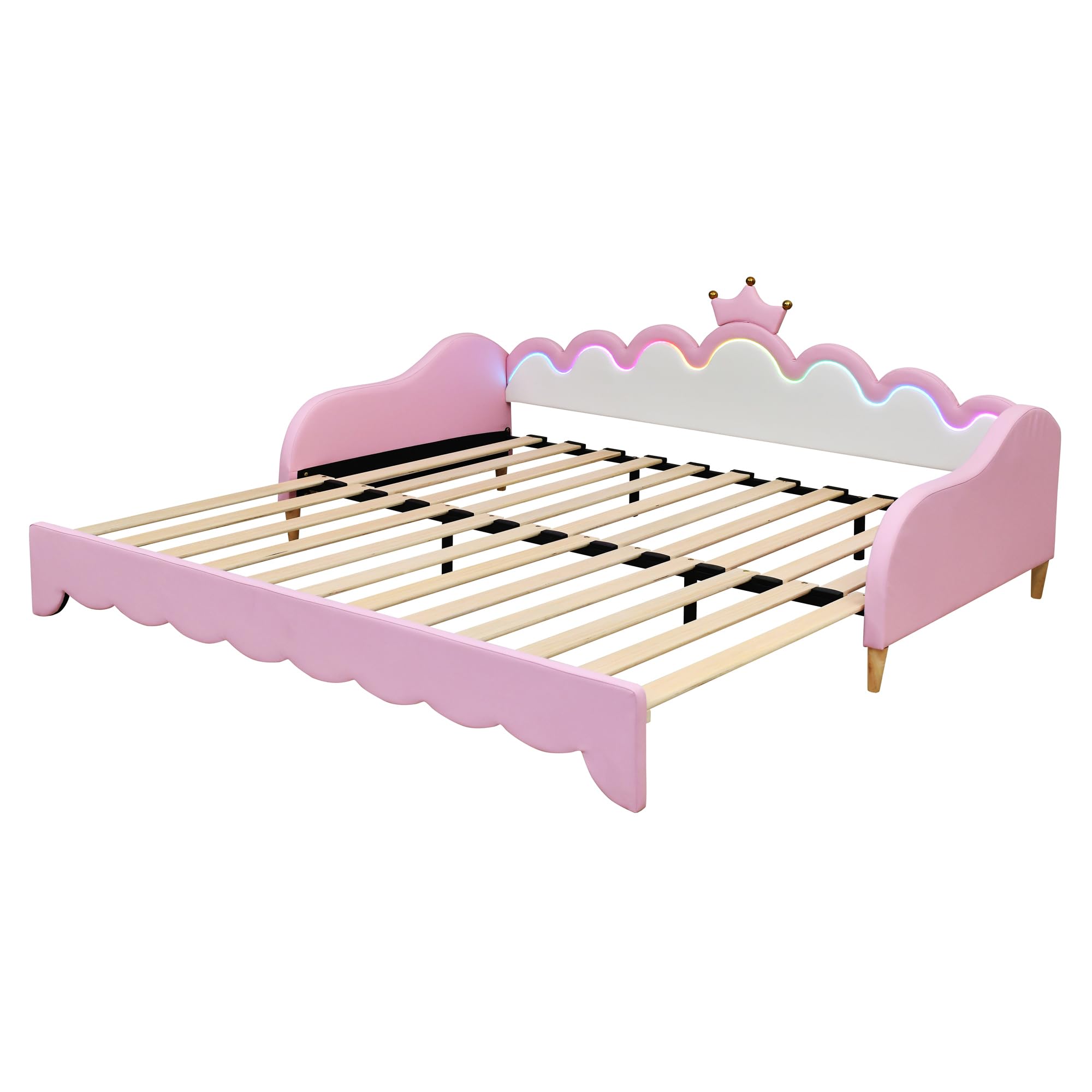 SOFTSEA Twin Upholstered Princess Daybed with LED Lights, Girls Princess Daybed with Extendable Trundle, Twin to King Faux Leather Daybed Frame with Crown Headboard for Kids Teens Audlts, Pink