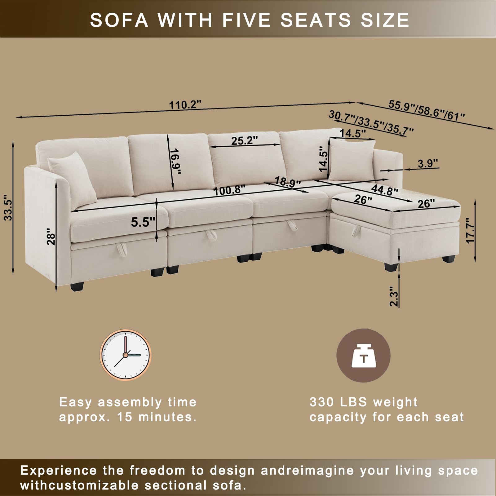 Nixorien Modular Sectional Sofa,U Shaped L Shaped Sectional Couch with Storage 5 Seats,Adjustable Backrest,Convertible Sectional Couch for Living Room (Beige)