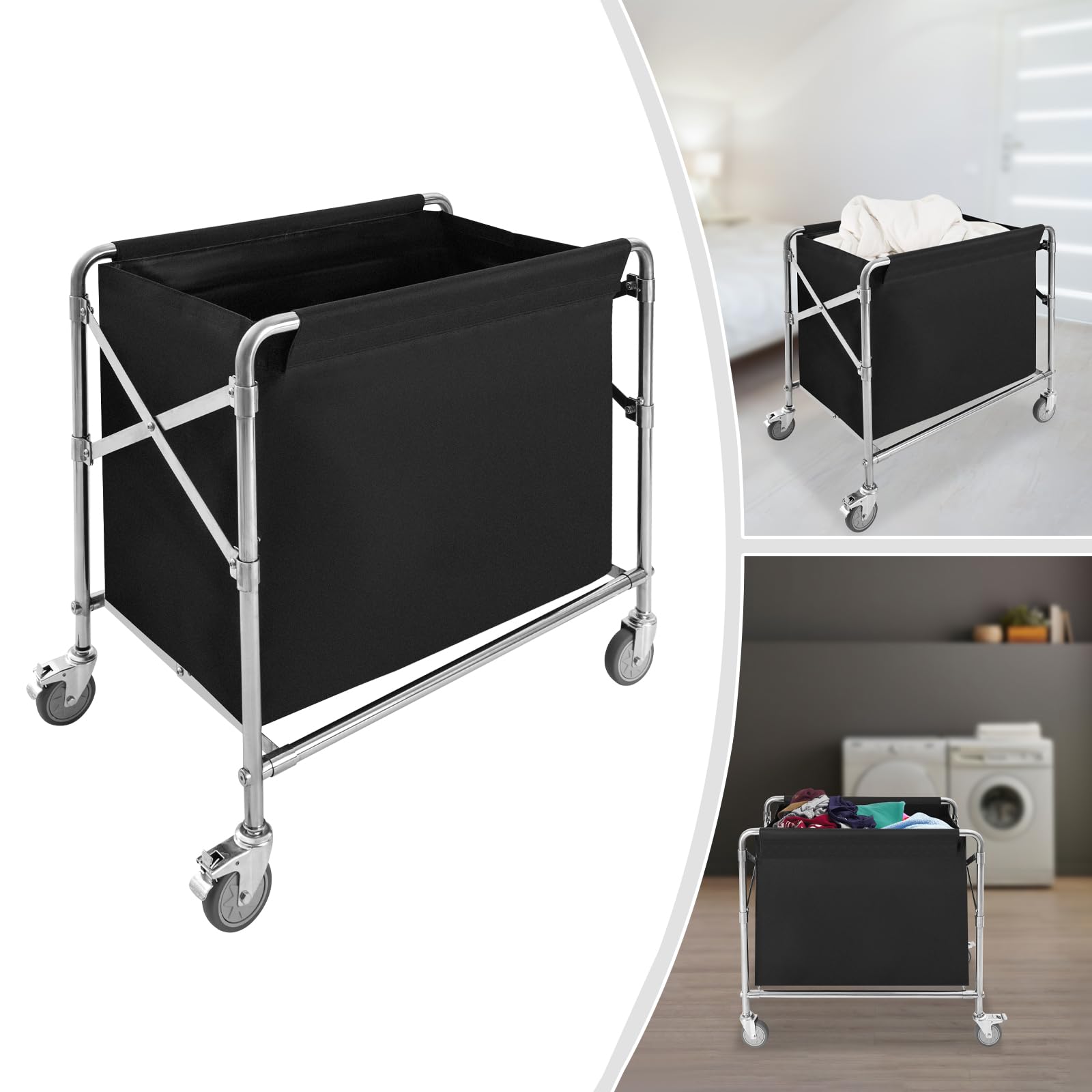 Industrial Rolling Laundry Cart, Commercial Stainless Steel Frame Laundry Cart with Wheels, Foldable Rolling Laundry Hamper with Waterproof Oxford Cloth (Black)