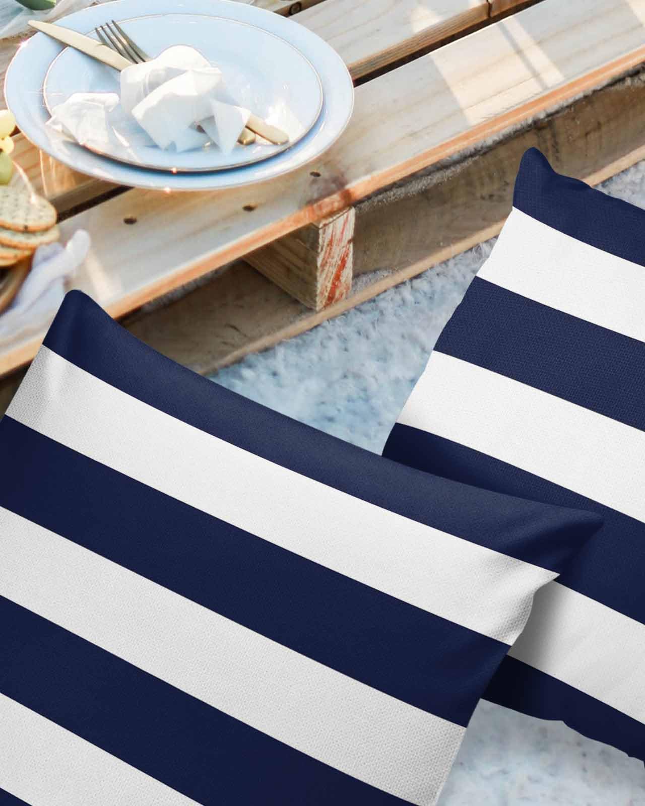 Outdoor Pillow Covers 26x26 Waterproof Polyester Throw Pillow Covers, Navy Blue White Stripes Decorative Pillowcases Garden Cushion Case for Patio Couch Sofa Decoration Set of 2, Geometric Summer