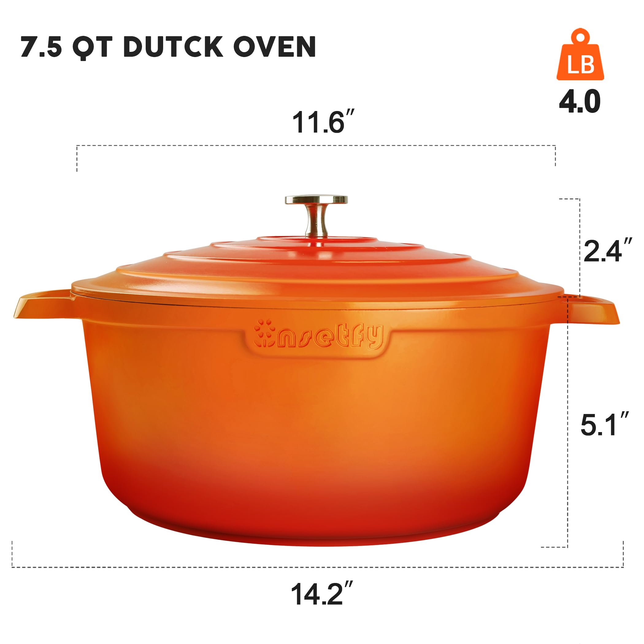 Dutch Oven Pot with Lid(7.5QT, 11"), Non-Stick Dutch Oven for Bread Baking, German 3C+ Ceramic Coating for No Chemical Cooking, Cast Aluminum & Oven Safe & Dishwasher Safe(Orange)