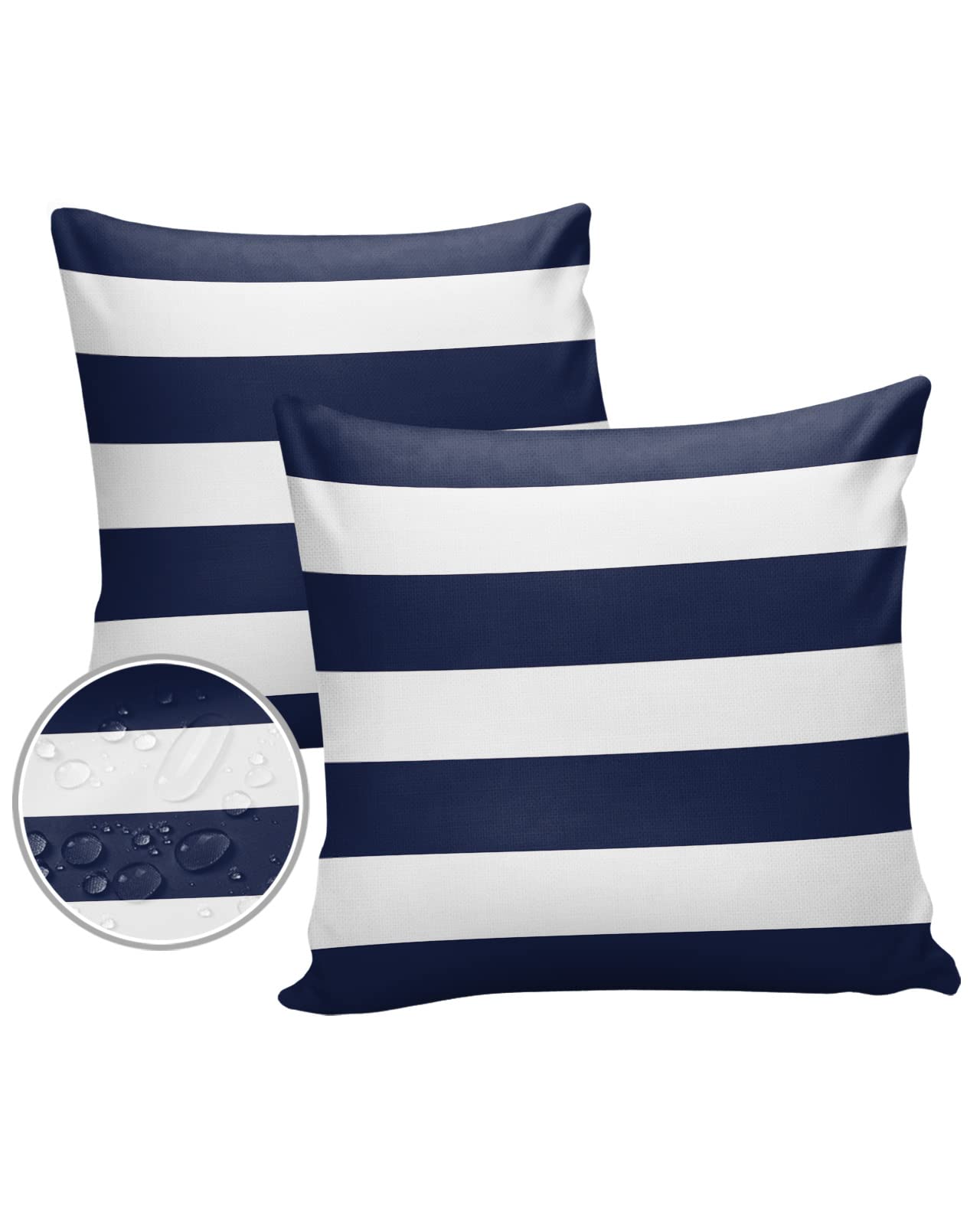 Outdoor Pillow Covers 26x26 Waterproof Polyester Throw Pillow Covers, Navy Blue White Stripes Decorative Pillowcases Garden Cushion Case for Patio Couch Sofa Decoration Set of 2, Geometric Summer