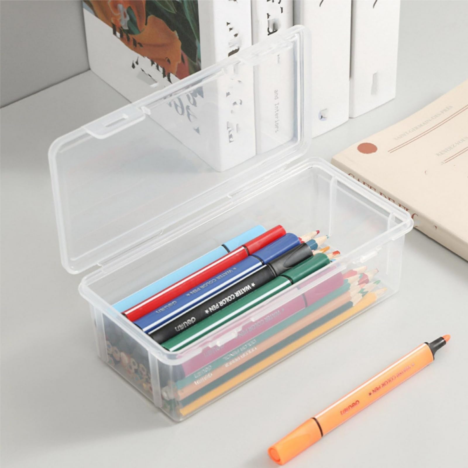 Generic Plastic Box - Plastic Bead Craft Hobby Art School Supply Pencil Box Storage Organizer Container with Latching Lid, for Pens Ribbons Wahi Tape Sticker Yarn Ornaments, Stackable, Clear