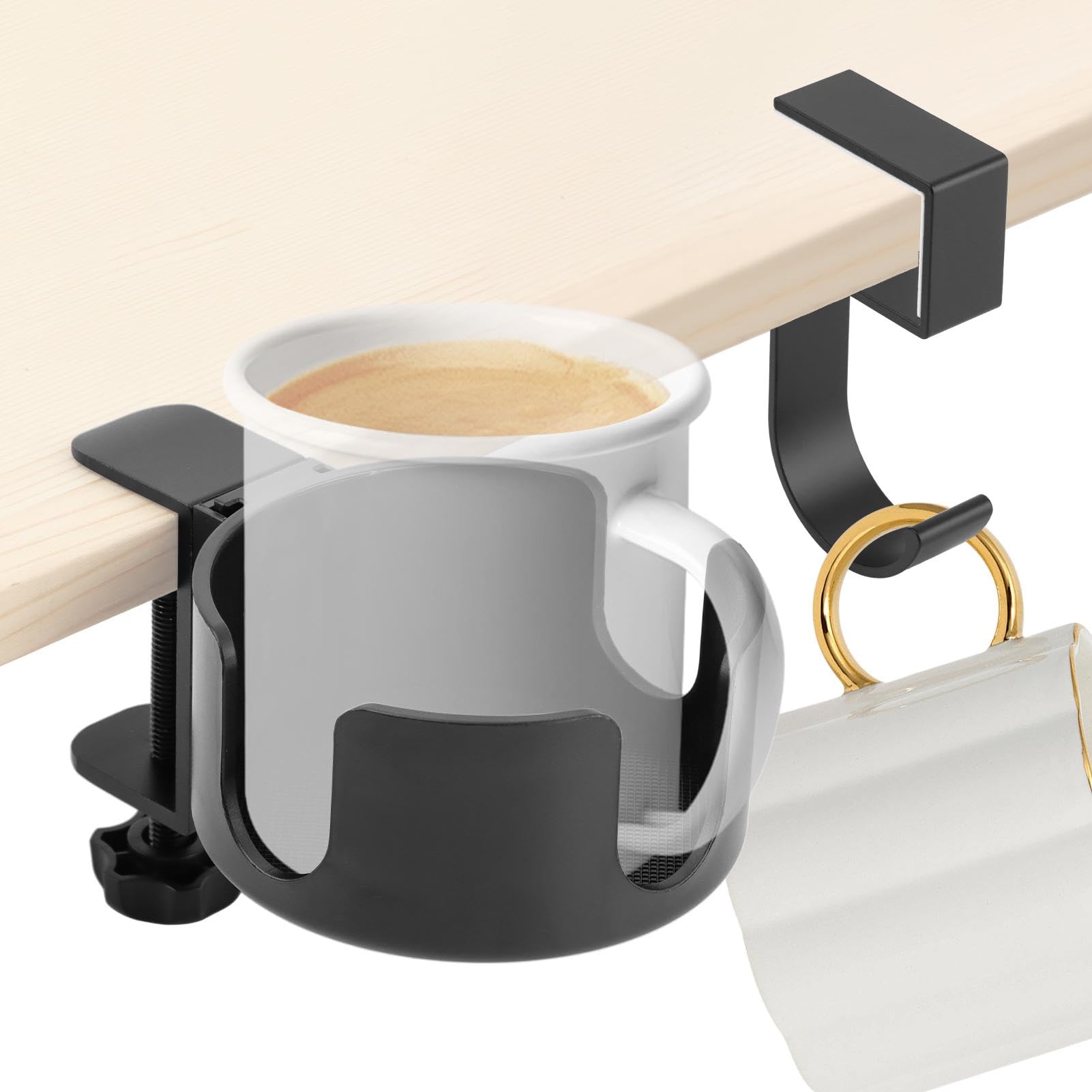 Desk Cup Holder Clamp W/Desk Hook,Large Anti-Spill Cup Holder Clamp, Easy to Install Table Cup Holder,Desk Drink Bottle Holder for Coffee Mups,Water Cups,Bag,Headphone