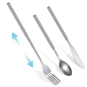 geetery 3 pcs telescopic spoon fork knife set extendable fork knife spoon stainless steel dinner extend to 25 inch anti rust fruit dessert long handle fork cutlery set for barbecue toasting dinner