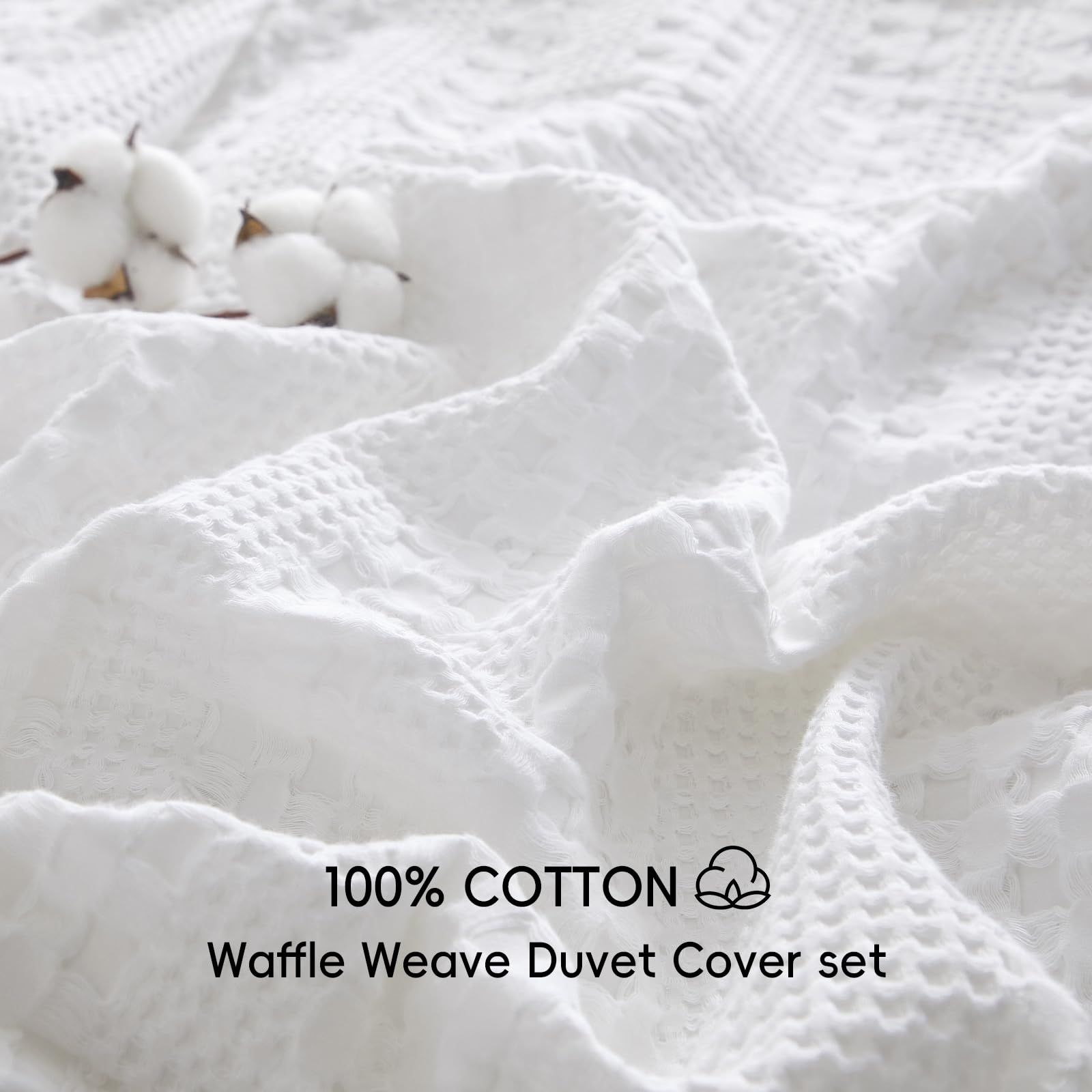 PHF 100% Cotton Waffle Duvet Cover Queen Size, Soft Breathable Cotton Bedding Duvet Cover Set for All Season, Waffle Weave Textured for Aesthetic Luxury Home Decor, 2 Pillow Shams, 90"x90", White