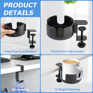 Desk Cup Holder Clamp W/Desk Hook,Large Anti-Spill Cup Holder Clamp, Easy to Install Table Cup Holder,Desk Drink Bottle Holder for Coffee Mups,Water Cups,Bag,Headphone