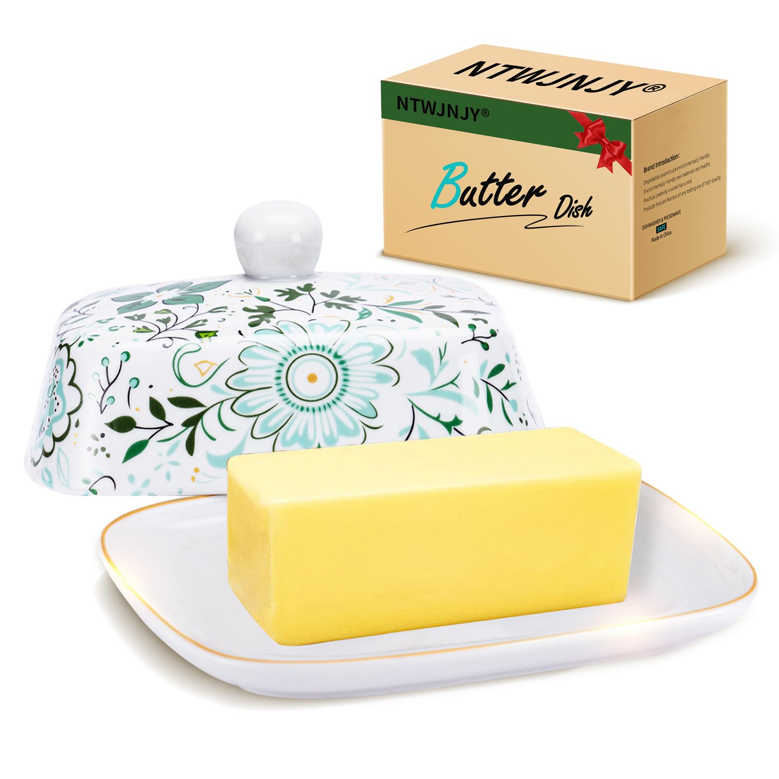 Butter Dish With Lid For Countertop-Ceramic Butter Dish with Knob Handle-Large Storage Keeper Holder for Kitchen, Gifts for Her-Grilled flower craft butter Holder-Wide Butter tray for dishwasher use