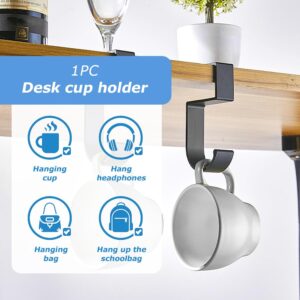 Desk Cup Holder Clamp W/Desk Hook,Large Anti-Spill Cup Holder Clamp, Easy to Install Table Cup Holder,Desk Drink Bottle Holder for Coffee Mups,Water Cups,Bag,Headphone