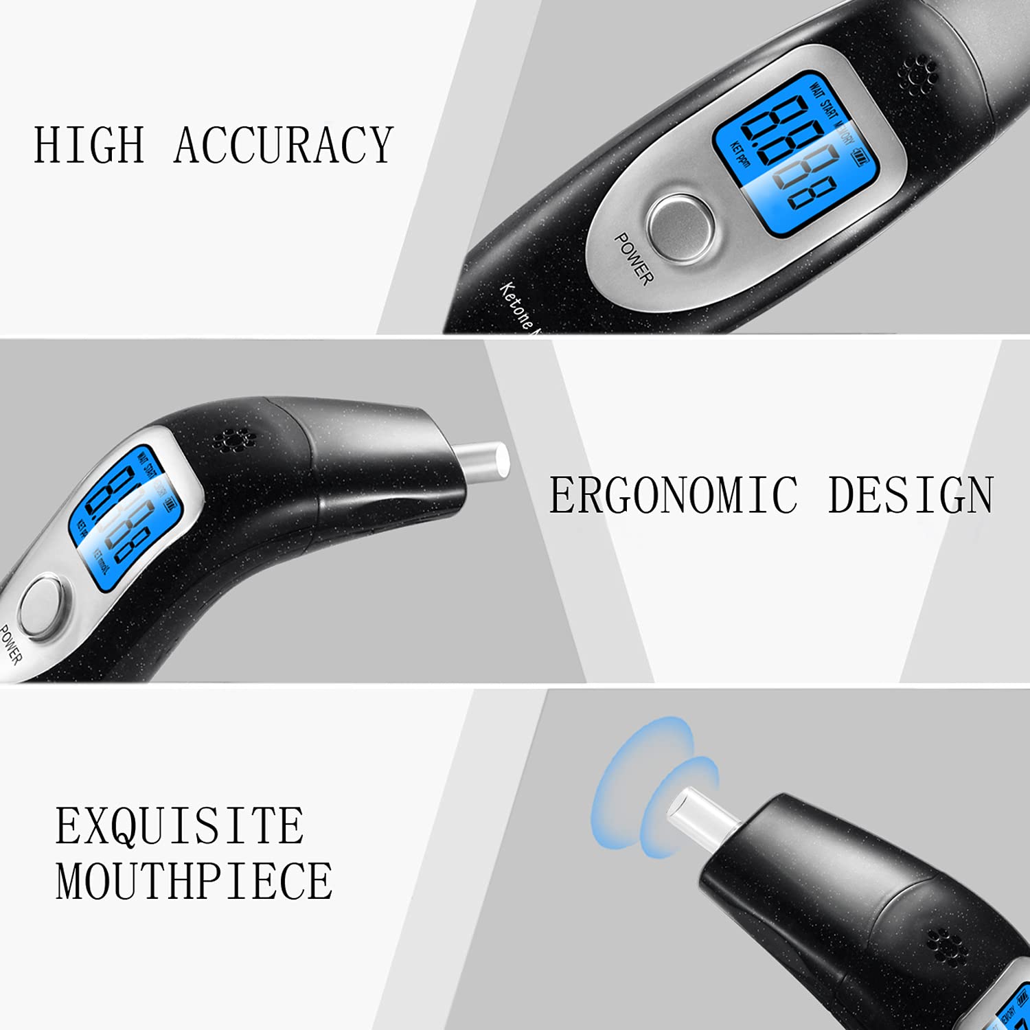 Portable Breath Ketone Meter, Professional Digital Ketone Breath Analyzer Tracing Ketosis Status with 10 Mouthpieces for Testing Ketosis