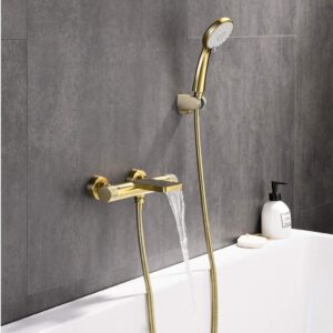 NBAAYIK Brass Hot and Cold Water Bidet Bathroom Hand Shower Bidet Toilet Sprayer Hygienic Shower Wall Mounted Bidet Tap Set with Booster Nozzle,Brushed Gold