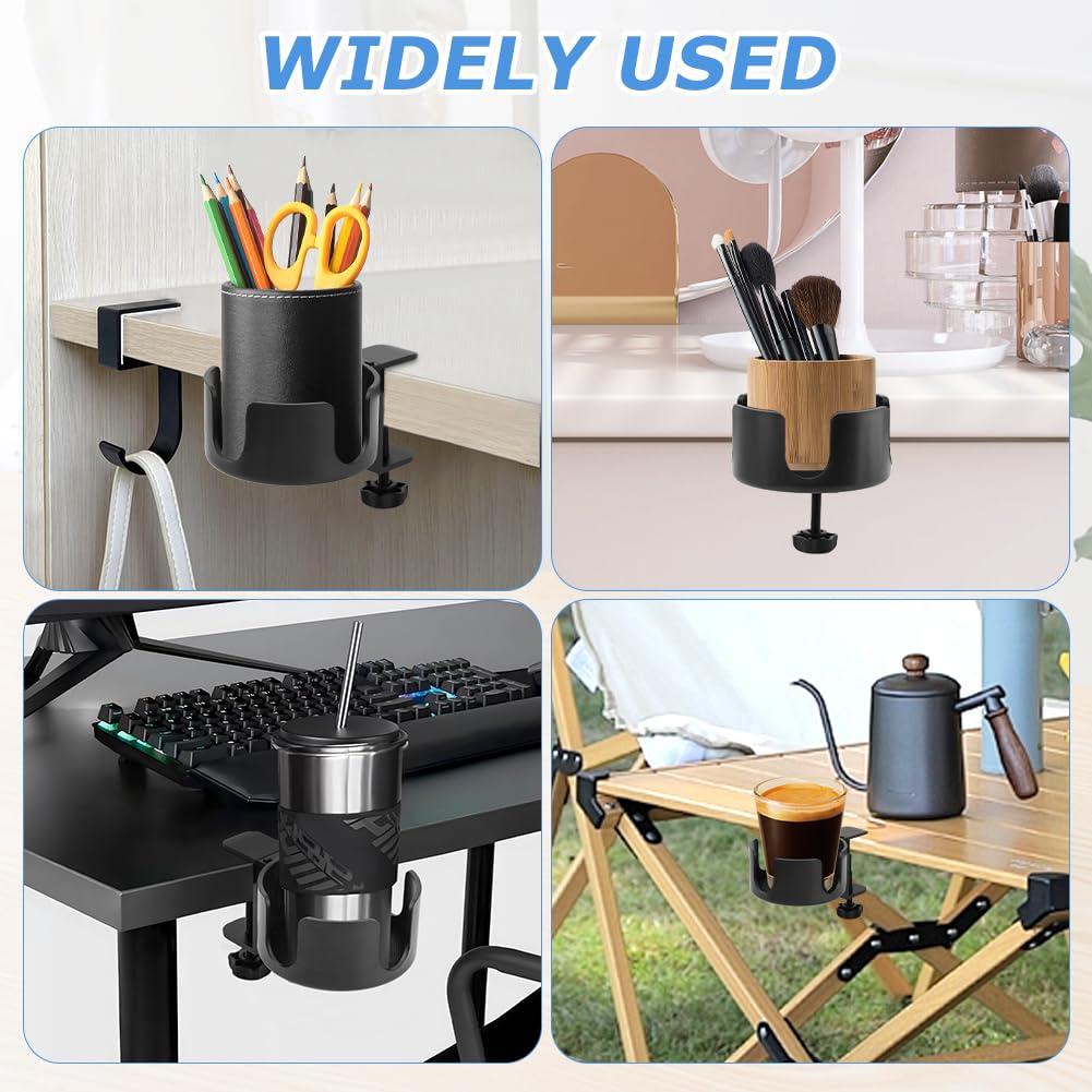 Desk Cup Holder Clamp W/Desk Hook,Large Anti-Spill Cup Holder Clamp, Easy to Install Table Cup Holder,Desk Drink Bottle Holder for Coffee Mups,Water Cups,Bag,Headphone