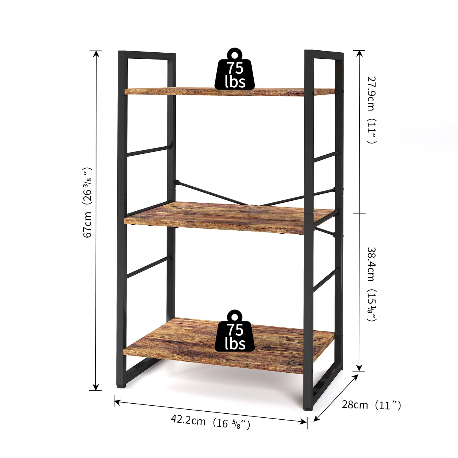 FERRIVISTA Small Bookshelf 3-Tier Bookcase, Metal Bookshelf for Study, Bedroom, Living Room and Kitchen, Height Adjustable (Brown)